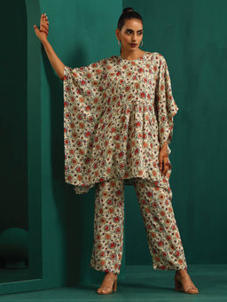 trueBrowns - Off White Floral Bunch Muslin Silk Printed Kaftan Gathered Co-Ord (Set of 2)