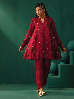 trueBrowns - Maroon Diamond Viscose Silk Relaxed Co-Ord (Set of 2)