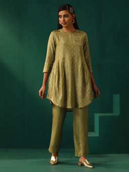 trueBrowns - Green Square Viscose Silk Side Gathered Co-Ord (Set of 2)