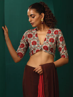 trueBrowns - Ivory Red Circle Floral Muslin Silk Printed Deep V-Neck Blouse