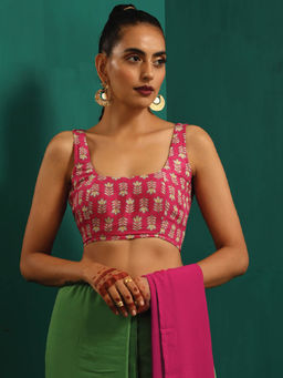 trueBrowns - Pink Muslin Silk Leaf Printed Scoop Neck Sleeveless Blouse