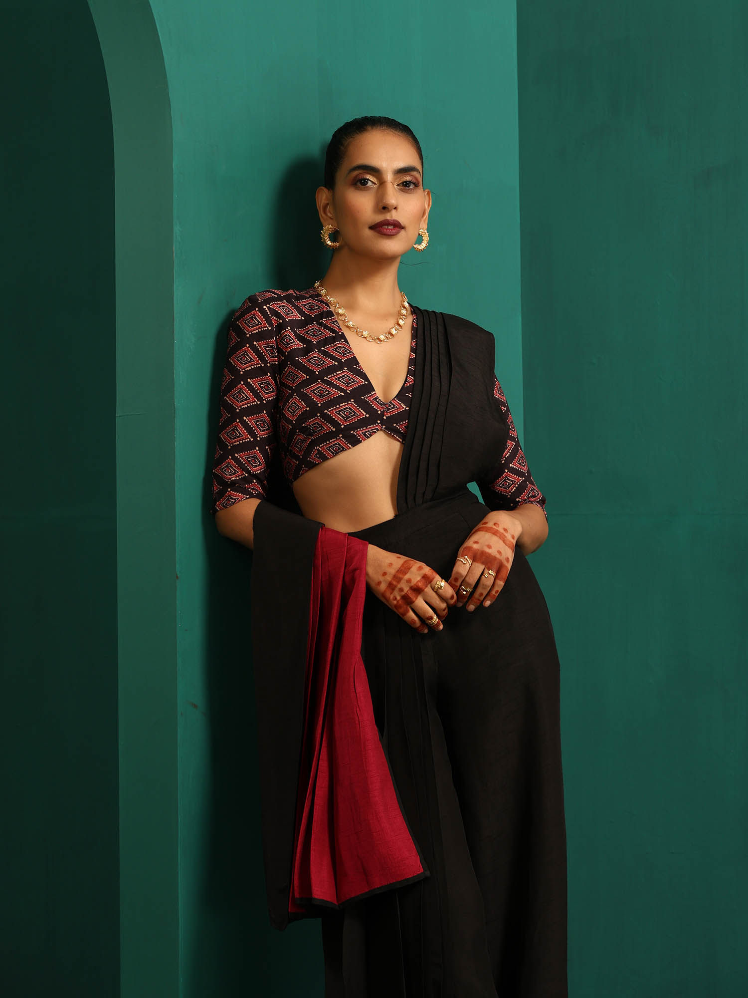 Buy trueBrowns Black Muslin Silk Diamond Printed Deep V-Neck Blouse Online