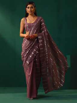 trueBrowns - Mauve Cotton Silver Striped Ready to Wear Saree