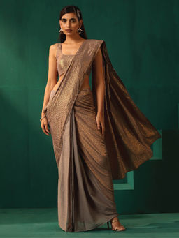 trueBrowns - Grey Cotton Gold Striped Ready To Wear Saree