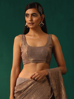 trueBrowns - Grey Cotton Gold Lurex Scoop Neck Sleeveless Blouse