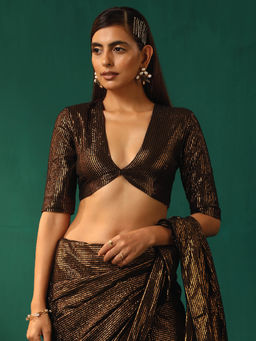 trueBrowns - Black Cotton Gold Lurex Deep V-Neck Blouse