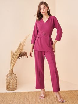 Kibo - Women's Solid Fuchsia Purple Peplum Co-Ord (Set of 2)