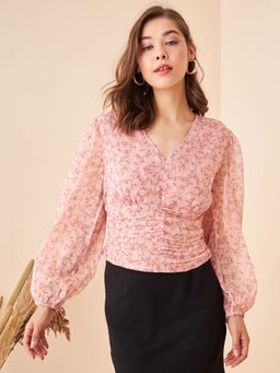Kibo - Women's Floral V-neck Ruched Top