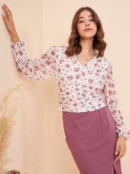 Kibo - Women's Floral V-neck Ruched Top