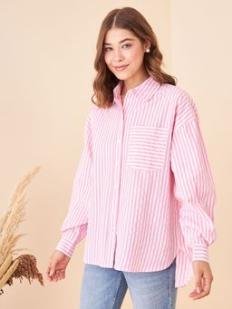 Poppy - Women's Stripes Oversized Pink Shirt