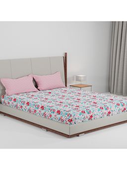 MYTRIDENT - Feather Tales Queen Bedsheet with 2 Pillow Covers Gardenia Blooms Pink