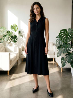 PURVAJA - Women Black Fit and Flare Midi Shirt Collar Solid Dress