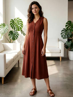 PURVAJA - Women Brown Fit and Flare Midi Shirt Collar Solid Dress