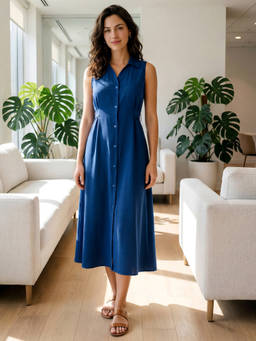 PURVAJA - Women Teal Fit and Flare Midi Shirt Collar Solid Dress