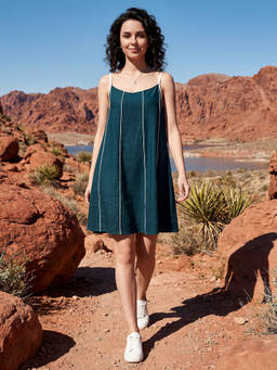 PURVAJA - Women Teal A-Line Mini Shoulder Straps Solid Dress