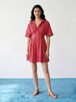 PURVAJA - Women Pink Shirt Mini Sleeveless Shirt Collar Solid Dress