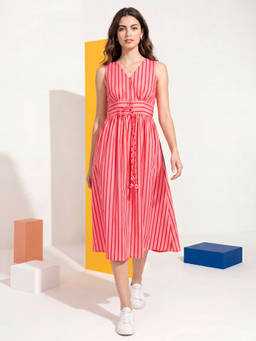 PURVAJA - Women Pink Fit and Flare Midi Sleeveless V-Neck Solid Dress