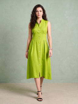 PURVAJA - Women Green Pleated Knee Length Mandarin Collar Solid Dress