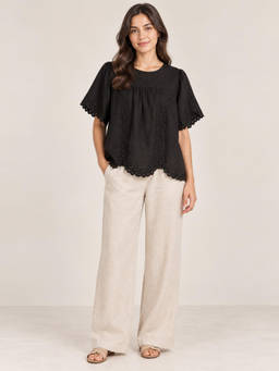 Scoup - Women Black Embroidered Cotton Black Top