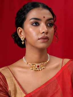 Teejh - Motif Gold and Pearl Chain Necklace (Set of 2)