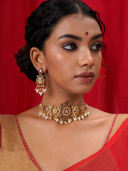 Teejh - Gitanjali Gold Red and Green Necklace (Set of 2)