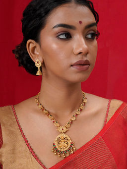 Teejh - Karthika Gold Red and Green Layered Necklace (Set of 2)