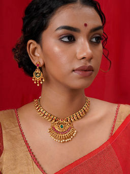 Teejh - Meghana Gold Red and Green Necklace (Set of 2)