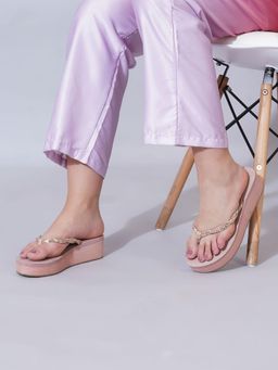 Shoetopia - Pink Wedge Heels with Braided Straps For Girls