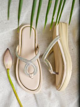 Shoetopia - Cream Rhinestone Embellished Wedge Sandals For Girls