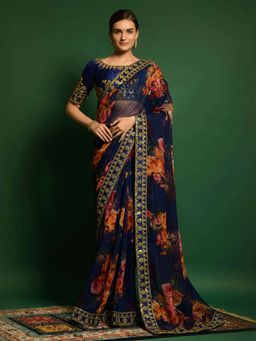 Odette - Exceptional Blue Printed Georgette Saree with Unstitched Blouse