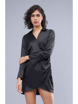 ANVI Be Yourself - Women Shirt Collared Long Cuffed Sleeves Satin Mini Shirt Dress