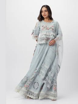 Kaveri - Rosette Blue Top with Ghagra and Dupatta