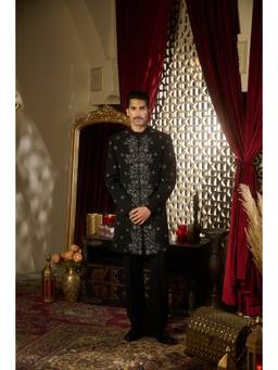 CONTRAST BY PARTH - Onyx Black Sherwani with Kurta and Trousers