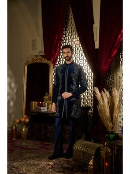 CONTRAST BY PARTH - Reign Navy Blue Sherwani with Kurta and Trousers