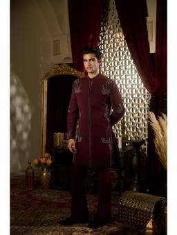 CONTRAST BY PARTH - Maroon Burgundy Sherwani with Kurta and Trousers
