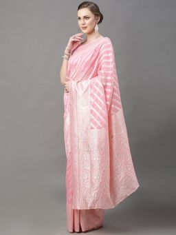 Akhilam - Womens Cotton Silk Pink Woven Design Saree with Unstitched Blouse