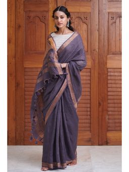 Dressfolk - Rich violet linen handwoven saree with golden zari