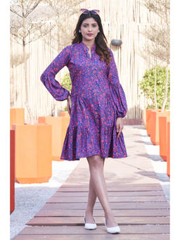 Curvy Lane - Plus Size Blue Floral Printed Fit and Flare Midi Dress