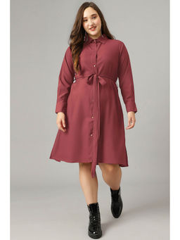 Curvy Lane - Plus Size Long Sleeves Shirt Dress with Belt (Set of 2)