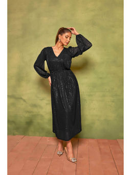 Curvy Lane - Plus Size Rich Black Sequin Cocktail Dress V-Neck Flared Elegance