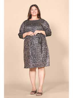 Curvy Lane - Plus Size Black and Brown Tiger Print Lycra Knee Length Dress with Belt (Set of 2)