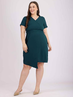 Curvy Lane - Plus Size V-Neck Solid Teal Party Dress (Set of 2)