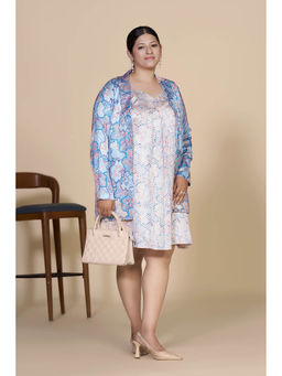 Curvy Lane - Plus Size Blue Geometric Print Knee-Length Dress and Floral Jacket Set (Set of 2)