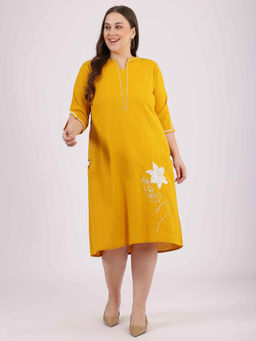 Curvy Lane - Plus Size Yellow Embroidered Cotton Straight Dress
