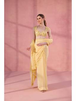 Old Marigold - Butter Clouds Yellow Viscose Embellished Saree with Stitched Blouse