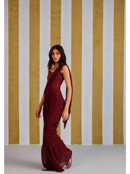 Old Marigold - Love Letter To June Burgundy Viscose Embellished Saree with Corset