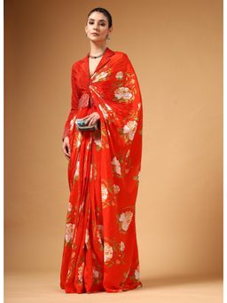 Gazab By Miku Kumar - Women Red Silk Floral Pre-Draped Saree with Stitched Blouse