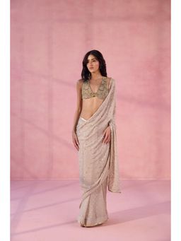 Old Marigold - She'S Here Beige Viscose Embellished Saree with Stitched Blouse