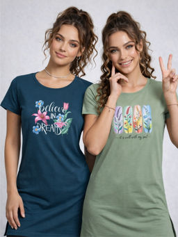 Vero Amore - Women Multi-Color Floral Cotton Blend T-Shirt (Pack of 2)