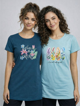 Vero Amore - Women Multi-Color Floral Cotton Blend T-Shirt (Pack of 2)